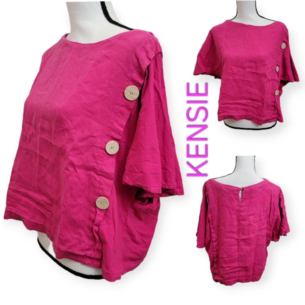 KENSIE linen/cotton mix/blend Wide short sleeves pink crop top